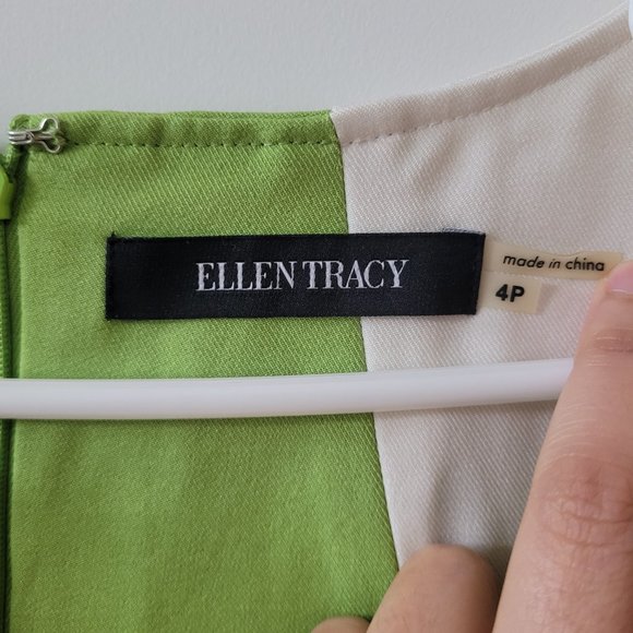 ELLEN TRACY Lime Cream Color Block Split Neck Sheath Dress US 4P Wedding  Guest